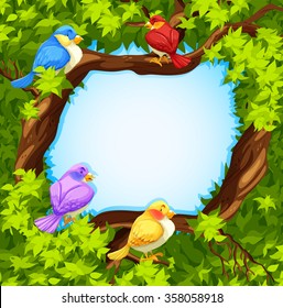 Border design with birds on tree illustration