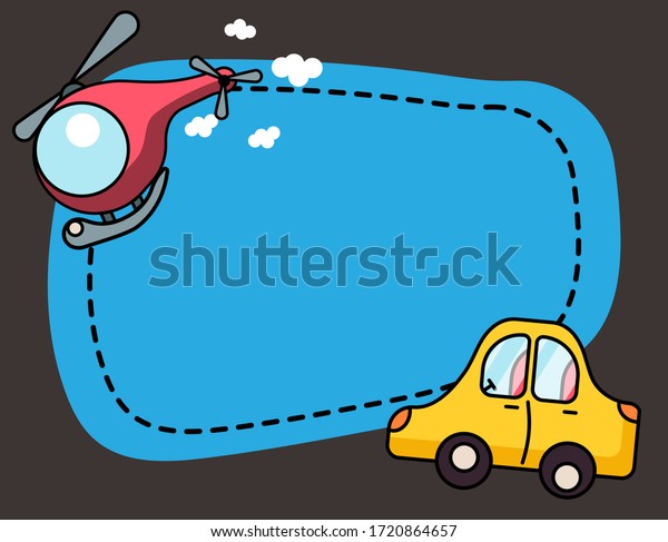 Border design with\
cartoon toy transports illustration. kids toys for boys.\
multi-colored helicopter and\
car