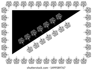 Border design concept of Diwali Lamp with flower Decoration - Indian Traditional and Cultural Rangoli, Alpona, Kolam or Paisley vector line art with black and white background