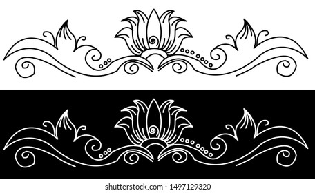 Border design concept of Lotus Flower With Spirals and dots - Indian Traditional and Cultural Rangoli, Alpona, Kolam or Paisley vector line art with black and white background