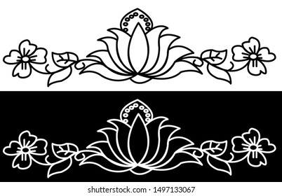 Grenz-Design-Konzept der Lotusblume mit Blättern und Weinreben - Indische Traditionelle und kulturelle Rangoli, Alpona, Kolam oder Paisley Vektorillustration Linie Kunst mit schwarz-weißem Hintergrund