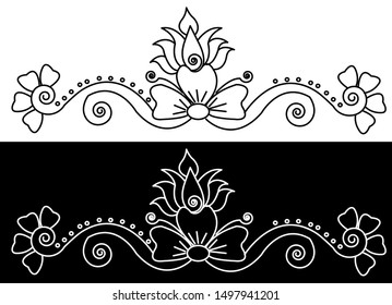 Border design concept of Lotus Flower with other flower and spirals - Indian Traditional and Cultural Rangoli, Alpona, Kolam or Paisley vectro line art with black and white background