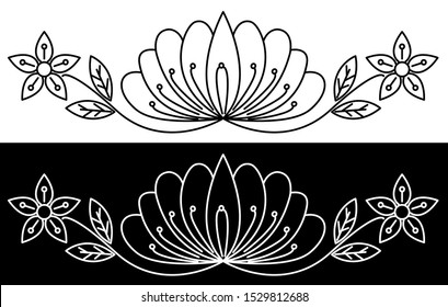 Border design concept of Lotus flower with leaves - Indian Traditional and Cultural Rangoli, Alpona, Kolam or Paisley vector line art with black and white background