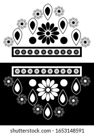 Border design concept of Rangoli with flower petals, circles and leaves is in black and white background
