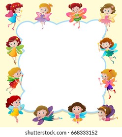 Border design with cute fairies flying illustration