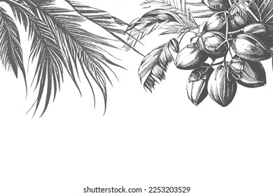  Border design with date palm leaves and ripe fruits sketch vector illustration isolated on white background.Ink drawn dates with leaves. Ripe fruits hang from the branches.