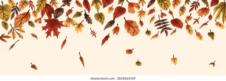 Border design with falling leaves. Hello autumn banner with faded wood foliage. Flying and dropping down forest leafage. Fall theme background. Autumnal nature edge template. Flat vector illustration