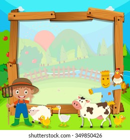 Border design with farmer and animals illustration