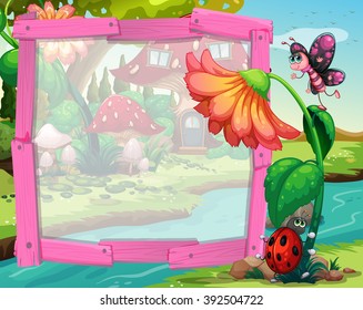 Border design with flower and insects illustration