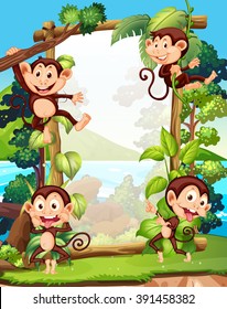Border design with four monkeys illustration