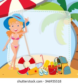Border design with girl in bikini illustration