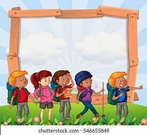 Border design with many hikers illustration