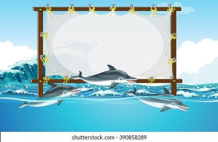 Border design with three dolphins swimming illustration