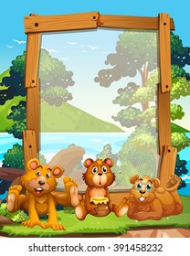 Diseño de borde con tres osos pardos a orillas del lago