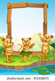Diseño de la frontera con tres leones en la ilustración del río