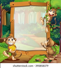 Border design with three monkeys in jungle illustration