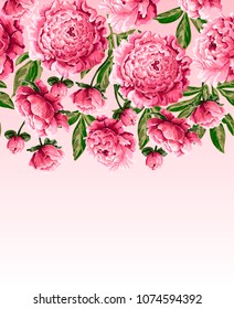 Border for design t-shirt or dress with pink peonies flowers. Vector illustration.