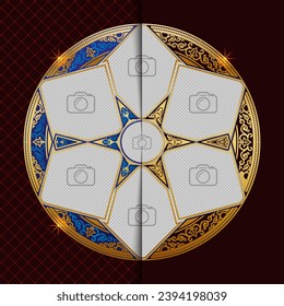 Border design in two color options. Pattern in oriental style. The diamond-shaped frames are arranged in a circle for inserting images. Illustration. Silk screen Printing.