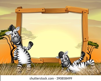 Border design with two zebras in the field illustration