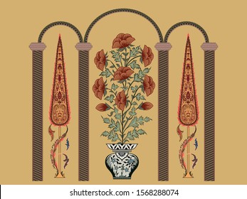 Border design with vase and Pine-cone. Vector