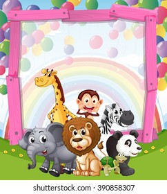 Border design with wild animals in the field illustration