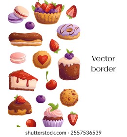 Border with desserts. Template for flyer, baking party, birthday,  sweet food banner. Space for text. Vector illustration.