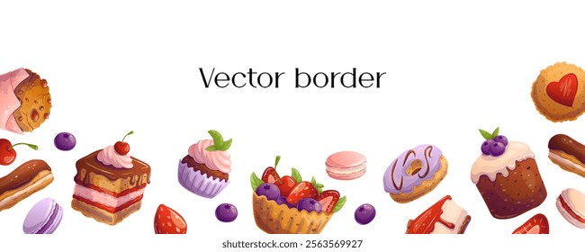 Border with desserts. Template for flyer, baking party, birthday,  sweet food banner. Space for text. Vector illustration.