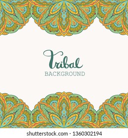 Border with detailed ethnic Indian patterns. Background with tribal ornament. Card, invitation or poster template. Copy space. Vector illustration.