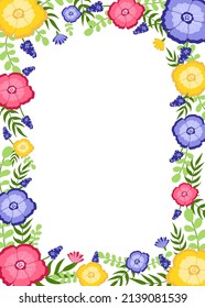 Border of different colorful flowers hand drawn style vector floral illustration isolated on white background. Backdrop for wallpaper, textile, fabric, wrapping