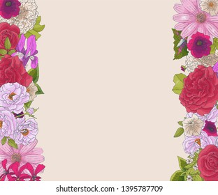 Border with different flowers in doodle style. Hand drawn elements for wedding floral design, greeting card, vector illustration. Spring blossom.