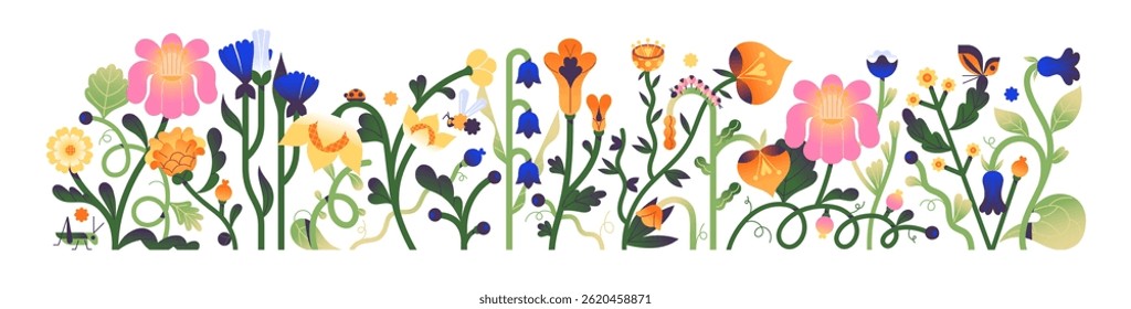 Border with different wildflowers, grass and butterflies, bugs. Banner with floral composition. Abstract flowers, bloom meadow and garden plants. Flat isolated vector illustration on white background