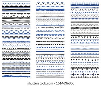 Border, divider, pattern collection. Calligraphic brush design elenents. Abstract wavy patterns, hand drawn decorative, waves, borders. Ornaments, brushes, greeting decoration symbols, icons set. 