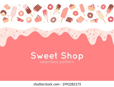 Border with donuts, cupcakes, ice cream, sprinkles. Seamless pattern with sweet food in pink pastel colors. Cute print, poster with candy. Vector illustration for sweet shop banner concept.