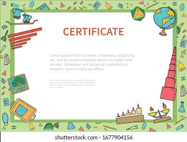 Border with doodle montessori materials for photo, certificate, banner, acknowledgment, announcement. Frame with school osfor kindergarden, preschool. Frame vector template 