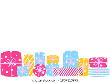 Border with doodle present boxes isolated on white - gifts in wrapping paper with ornament - decorative element for festive design