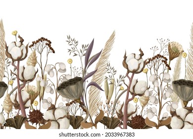 Border With Dried Autmn Flowers. Vector.