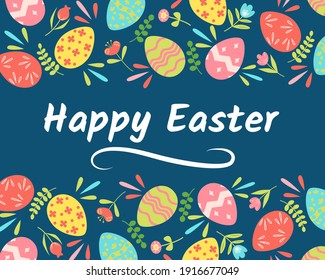 Border for Easter with different flowers, leaves and eggs. Spring holiday frame. Flat illustration