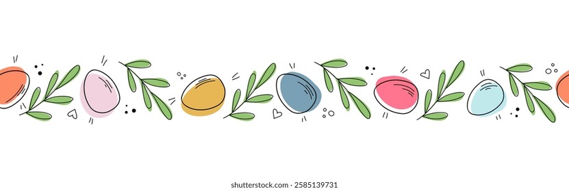 Border with Easter eggs and green branches hand drawn in doodle style. Seamless border with cute elements