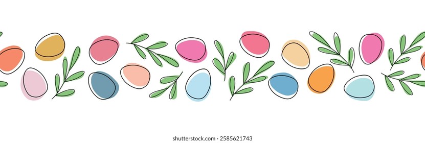 Border with Easter eggs and green branches in doodle style. Simple seamless border.