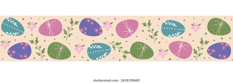 Border with Easter eggs and leaves. Easter pattern. Vector.