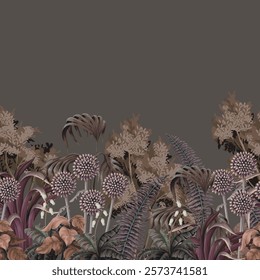 Border with echinops, fern and leaves. Vector