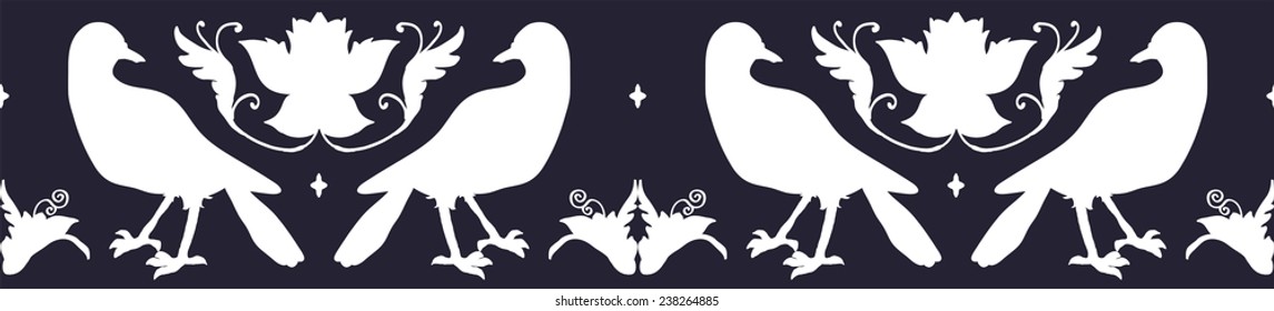 border, edging with birds and flowers in a classic style on navy background light silhouette, shape, outline of birds and flowers. luxurious, elegant, bright