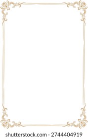 Border with elegant corner flourish and thin decorative lines forming a classic frame with ample space. Symbol of elegance, celebration, certificate and invitation. Cartoon vector illustration.