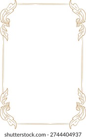 Border with elegant scroll corner flourish and thin stroke frame, ample copy space. Symbol of luxury, celebration, invitation, and premium branding. Cartoon vector illustration.