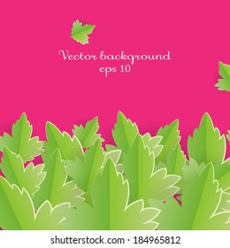 Border element of green leaves on pink background. Vector