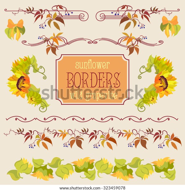 Border elements set with sunflower and grapevine. Hand\
drawn vector line 