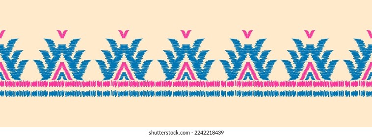 Borde tradicional fronterizo de ikat, arte folclórico y estilo mexicano. Impresión de ornamento geométrico azteca. Diseño para fondo, ilustración, tela, ropa, textil, impresión, batik.