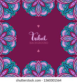 Border with ethnic Indian patterns. Background with tribal ornament. Card, invitation or poster template. Copy space. Vector illustration.