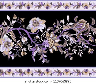 Border with ethnic Japanese ornament elements. Folk flowers and leaves for print or embroidery. 