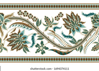 Border with ethnic Japanese ornament elements. Folk flowers and leaves for print or embroidery